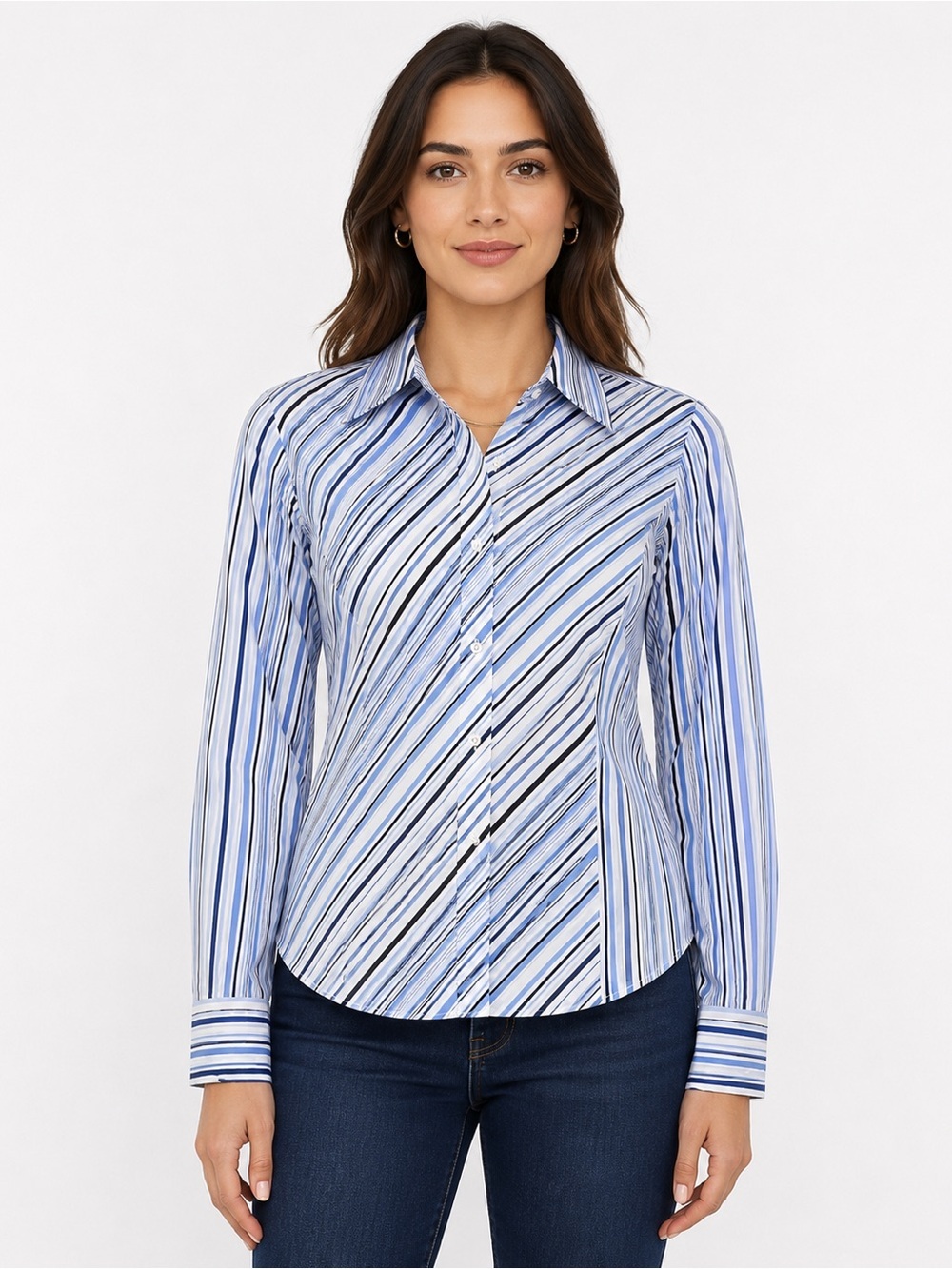 Façonnable Y2K Women’s M Blue White Striped Cotton Button Front Shirt Hong Kong